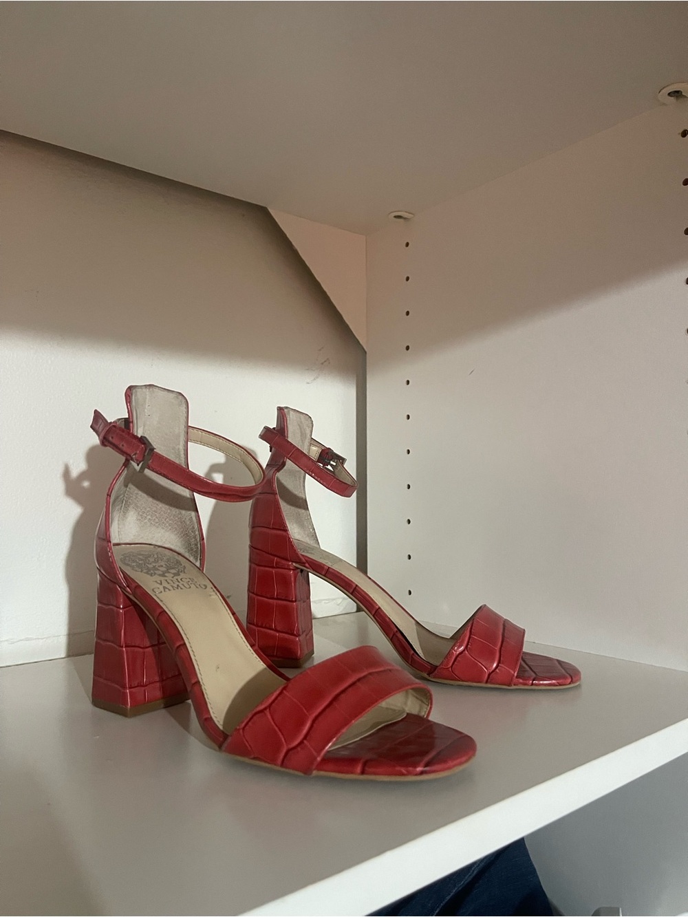 Vince Camuto Red Croc-Embossed Block Heel Sandals